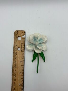 Vintage White and Teal Floral Brooch with Green Stem